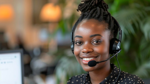 Una mujer afroamericana de piel oscura sonriente con auriculares y micrófono