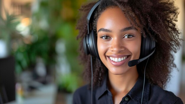 Una mujer afroamericana de piel oscura sonriente con auriculares y micrófono