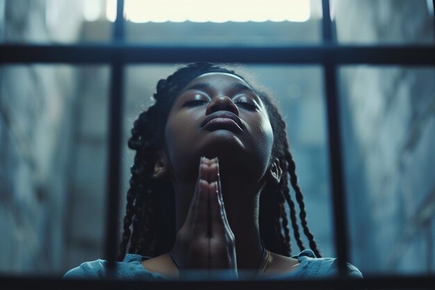 Foto mujer afroamericana reza a dios en una prisión oscura efecto cinematográfico