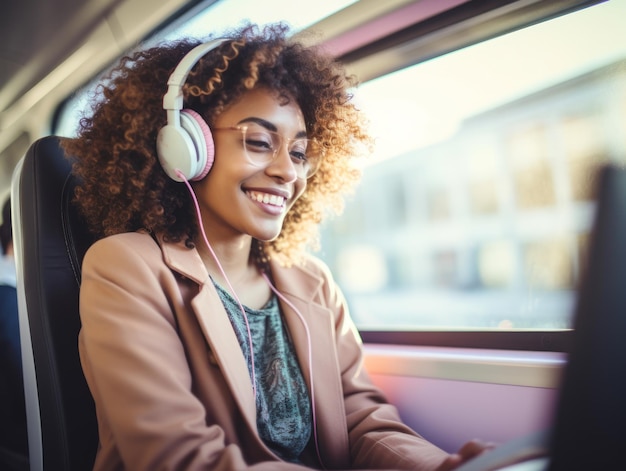 Mujer afroamericana rizada escuchando música en una computadora portátil usando auriculares en un autobús interurbano