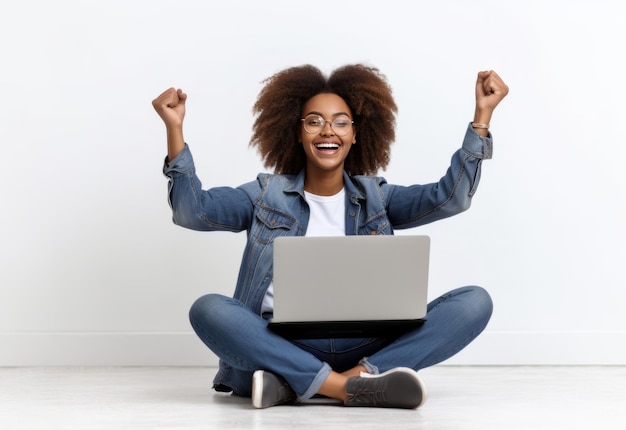 Mujer afroamericana sentada en el suelo usando una computadora portátil