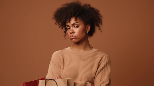 Mujer afroamericana seria con los brazos cruzados mirando a la cámara