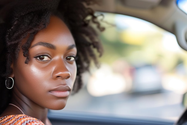 Una mujer afroamericana seria en el coche.