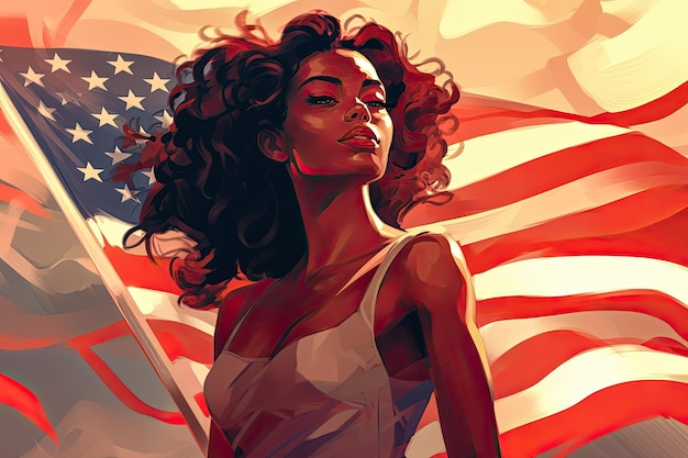 Mujer afroamericana sexy frente a la bandera de los Estados Unidos Ilustración abstracta celebrando el patriotismo IA generativa