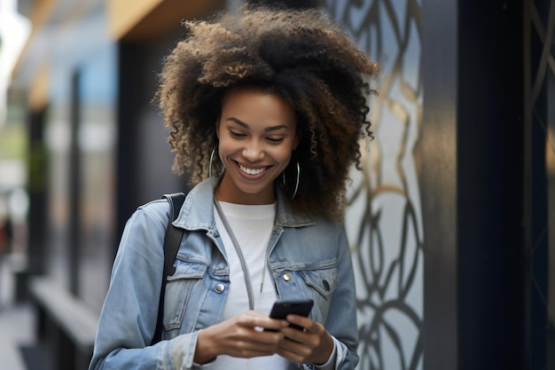 Una mujer afroamericana sonriente con el cabello rizado enviando mensajes en un teléfono móvil en la calle