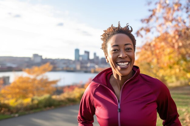 Una mujer afroamericana sonriente corriendo en el parque de la ciudad de otoño