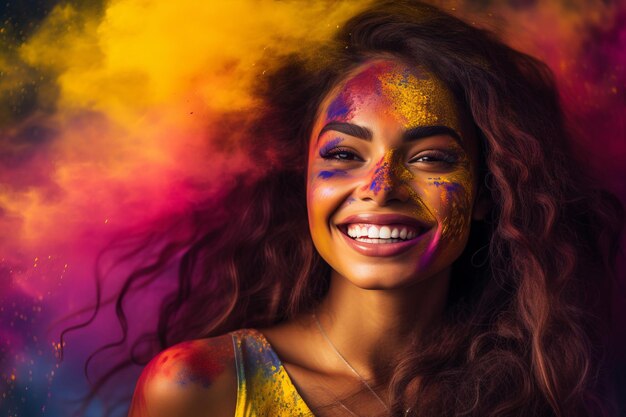 mujer afroamericana sonriente con pintura de holi en la cara