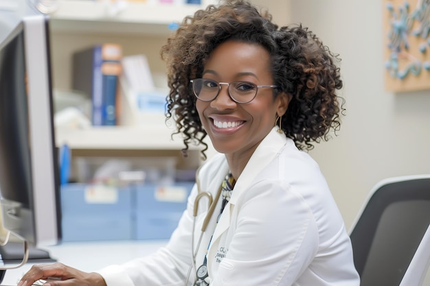 Foto una mujer afroamericana sonriente sentada en un escritorio blanco con una computadora