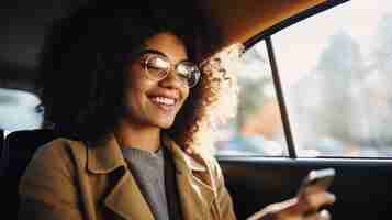 Foto mujer afroamericana sonriente con teléfono móvil en el coche el concepto de tenologías estilo de vida