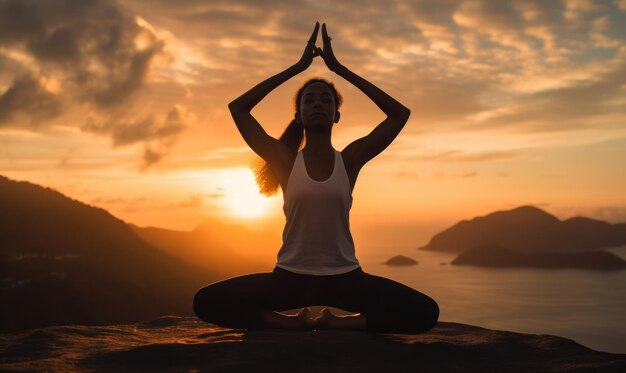 Una mujer afroamericana sonriente trabajando hacia una postura de yoga en el sol de verano