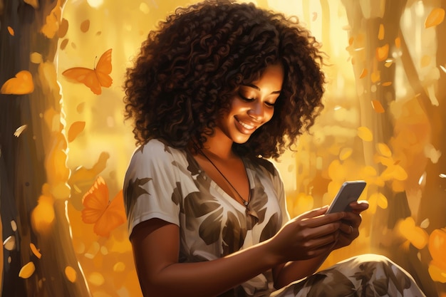 Una mujer afroamericana sonriente usando su teléfono móvil en el bosque de otoño Una feliz y hermosa mujer negra enviando mensajes de texto en su teléfono móvil Generado por IA