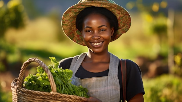 Mujer afroamericana sostiene una canasta con una cosecha de varias verduras