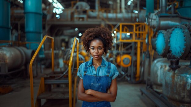 Una mujer afroamericana trabaja en una planta de procesamiento de residuos.