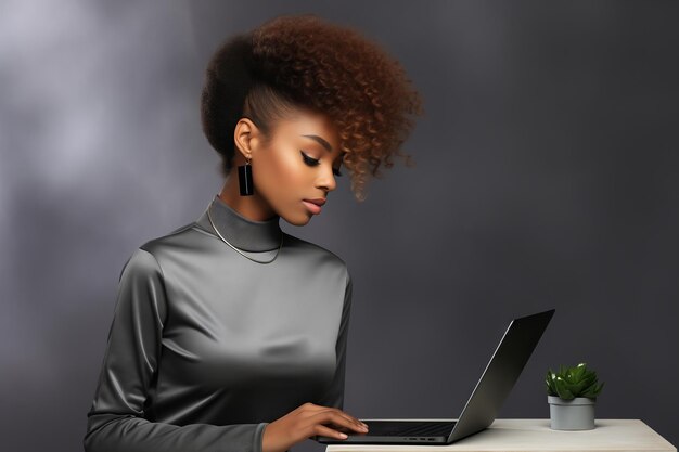 Mujer afroamericana trabajando con la computadora portátil en el escritorio en la oficina de casa estilo de negocios discreto