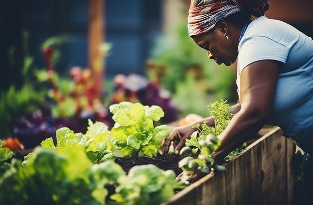 mujer afroamericana trabajando con verduras en un jardín comunitario mujer