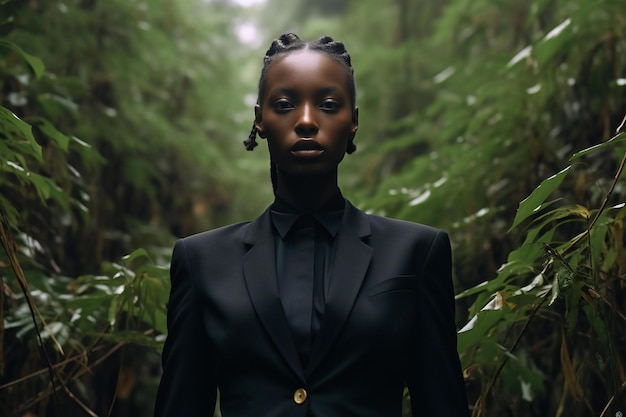 Mujer afroamericana en un traje oscuro en la jungla fotografía de moda