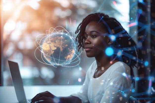 Mujer afroamericana usando una computadora portátil en una oficina futurista