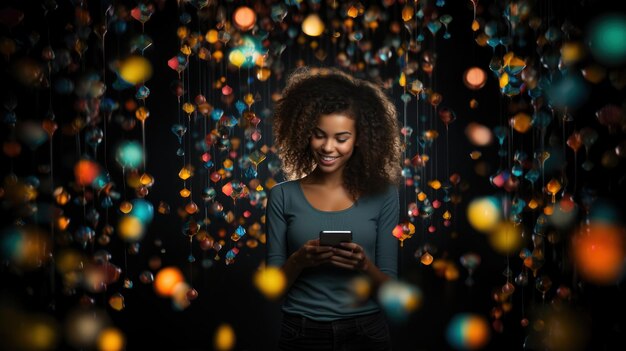 Mujer afroamericana usando un teléfono inteligente contra un fondo negro con luces de colores