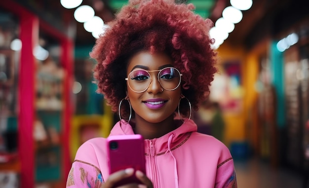 Mujer afroamericana vestida de rosa con un teléfono inteligente rosa