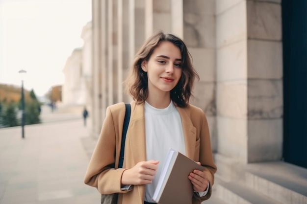 Una mujer se para afuera con un libro en la mano.