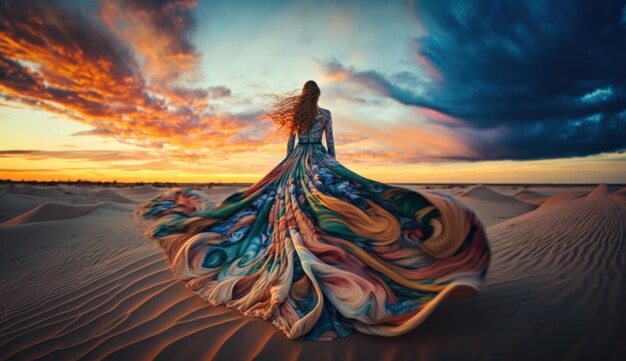 Mujer agraciada de pie en la playa con un vestido colorido que fluye IA generativa