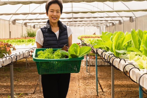 Mujer agricultora asiática sosteniendo una cesta de verduras en una granja orgánica