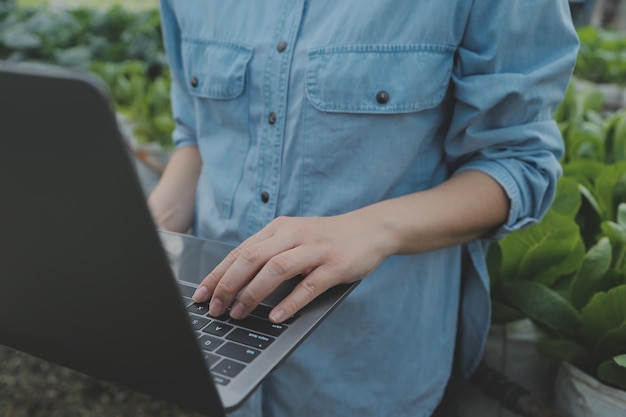 Mujer agricultora asiática usando tableta digital en huerta en invernadero Concepto de tecnología de agricultura empresarial agricultor inteligente de calidad