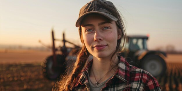 mujer agricultora en el fondo de un tractor IA generativa