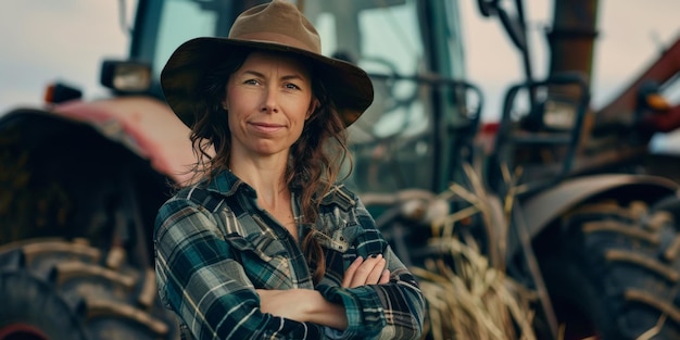 Foto mujer agricultora en el fondo de un tractor ia generativa