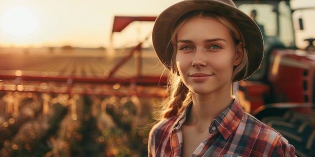 Foto mujer agricultora en el fondo de un tractor ia generativa