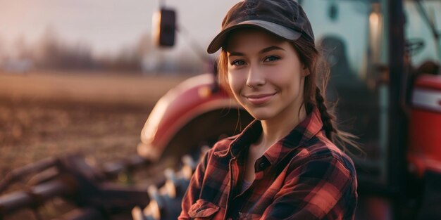 Foto mujer agricultora en el fondo de un tractor ia generativa