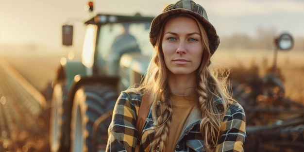 mujer agricultora en el fondo de un tractor IA generativa