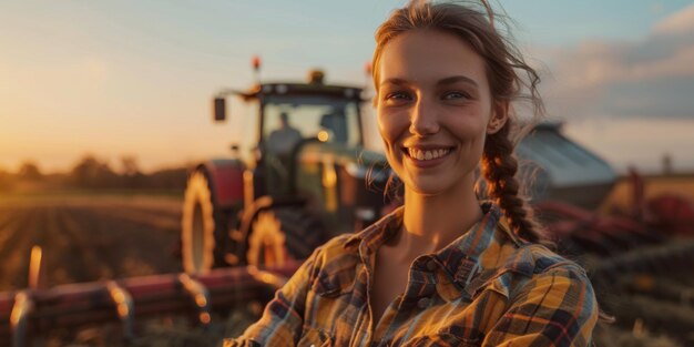 mujer agricultora en el fondo de un tractor IA generativa