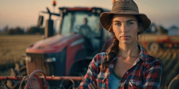 mujer agricultora en el fondo de un tractor IA generativa