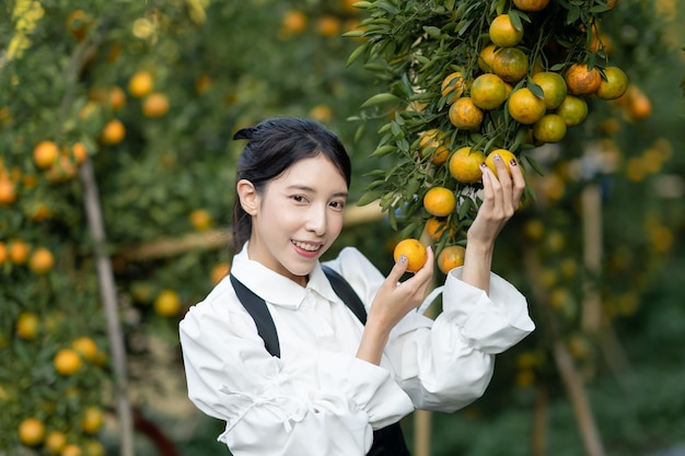 Mujer agricultora recogiendo cuidadosamente naranja madura en el huerto