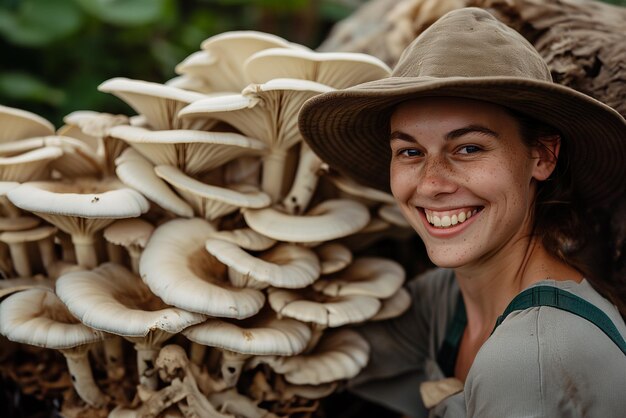 Foto mujer agricultora con setas de ostras