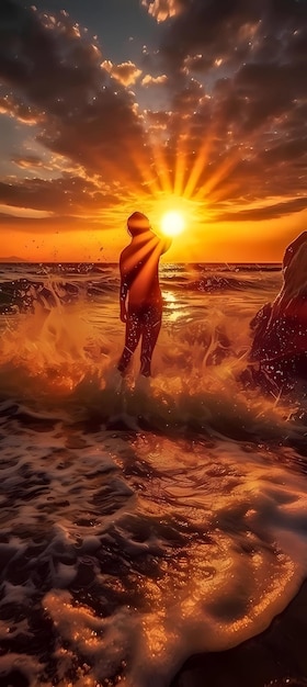 Una mujer se para en el agua al atardecer con el sol brillando sobre su espalda.