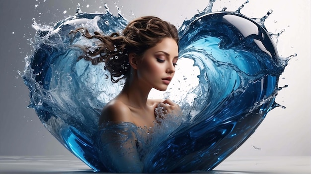 Mujer con agua fluyendo líquido azul salpicaduras formas de corazón fondo elemento corazón de agua