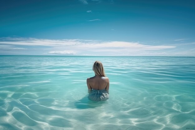 Mujer en el agua del océano mirando el horizonte