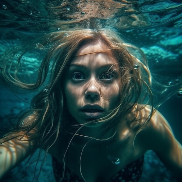 Una mujer bajo el agua con la palabra "bajo el agua" en la parte inferior.