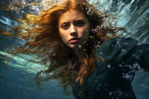 una mujer en el agua con el pelo ondeando al viento
