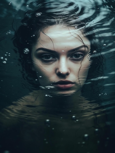 una mujer en el agua con su cabello en el agua.