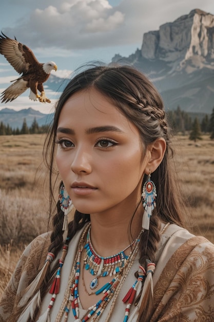 una mujer con un águila en la cabeza y una montaña al fondo.