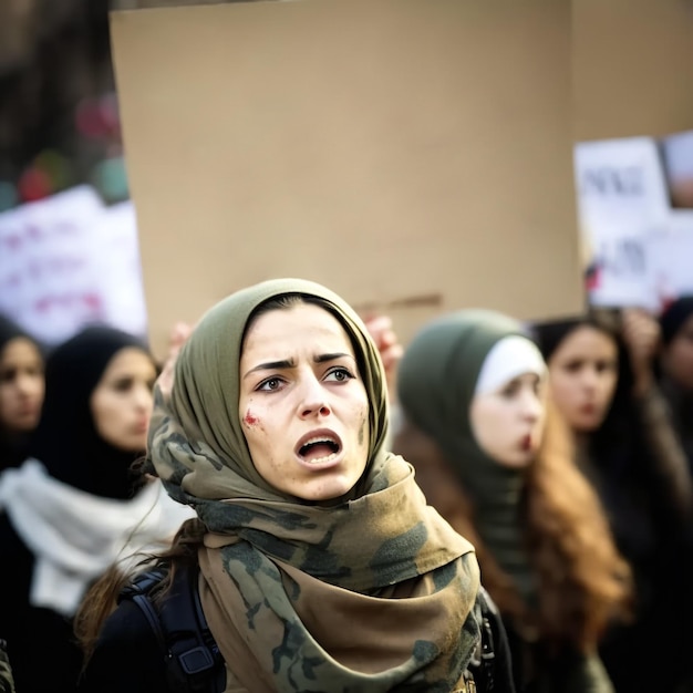 Mujer ai generativa protestando contra la lucha de guerra por la democracia y la libertad