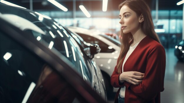 Una mujer se para al lado de un auto que está en un estacionamiento.