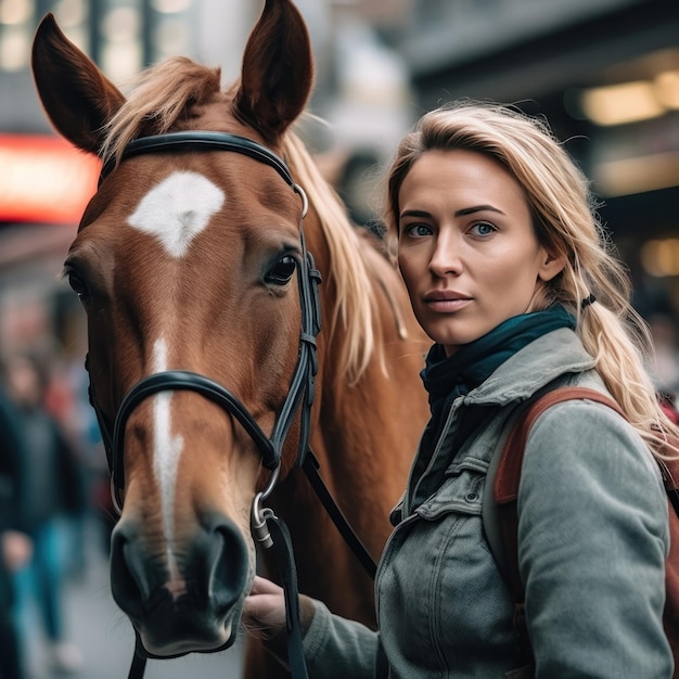 Una mujer se para al lado de un caballo en una calle muy transitada.