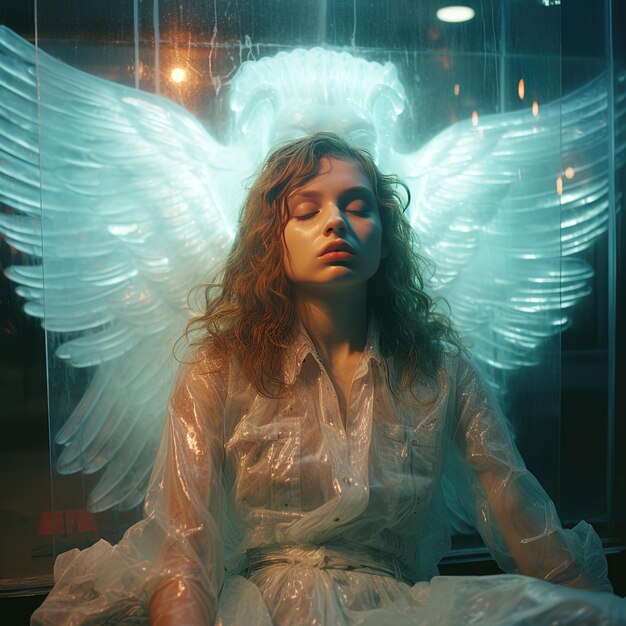 una mujer con alas de ángel blanco se sienta frente a una ventana