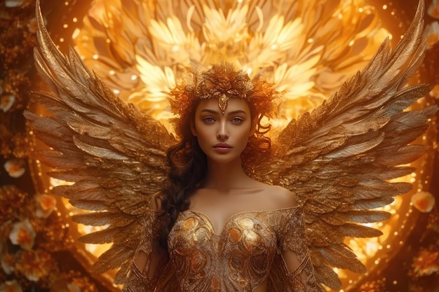 Una mujer con alas doradas y alas doradas se para frente a un fondo dorado.