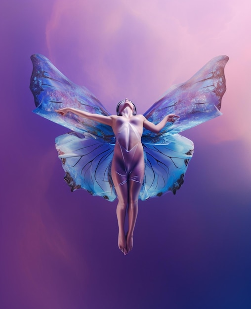 Una mujer con alas de mariposa está en el aire.