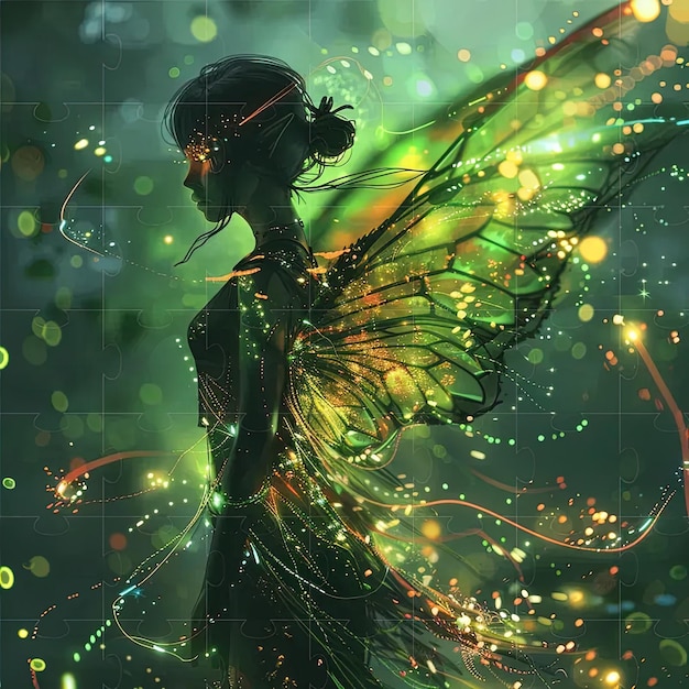 Foto una mujer con alas de mariposa verdes y amarillas